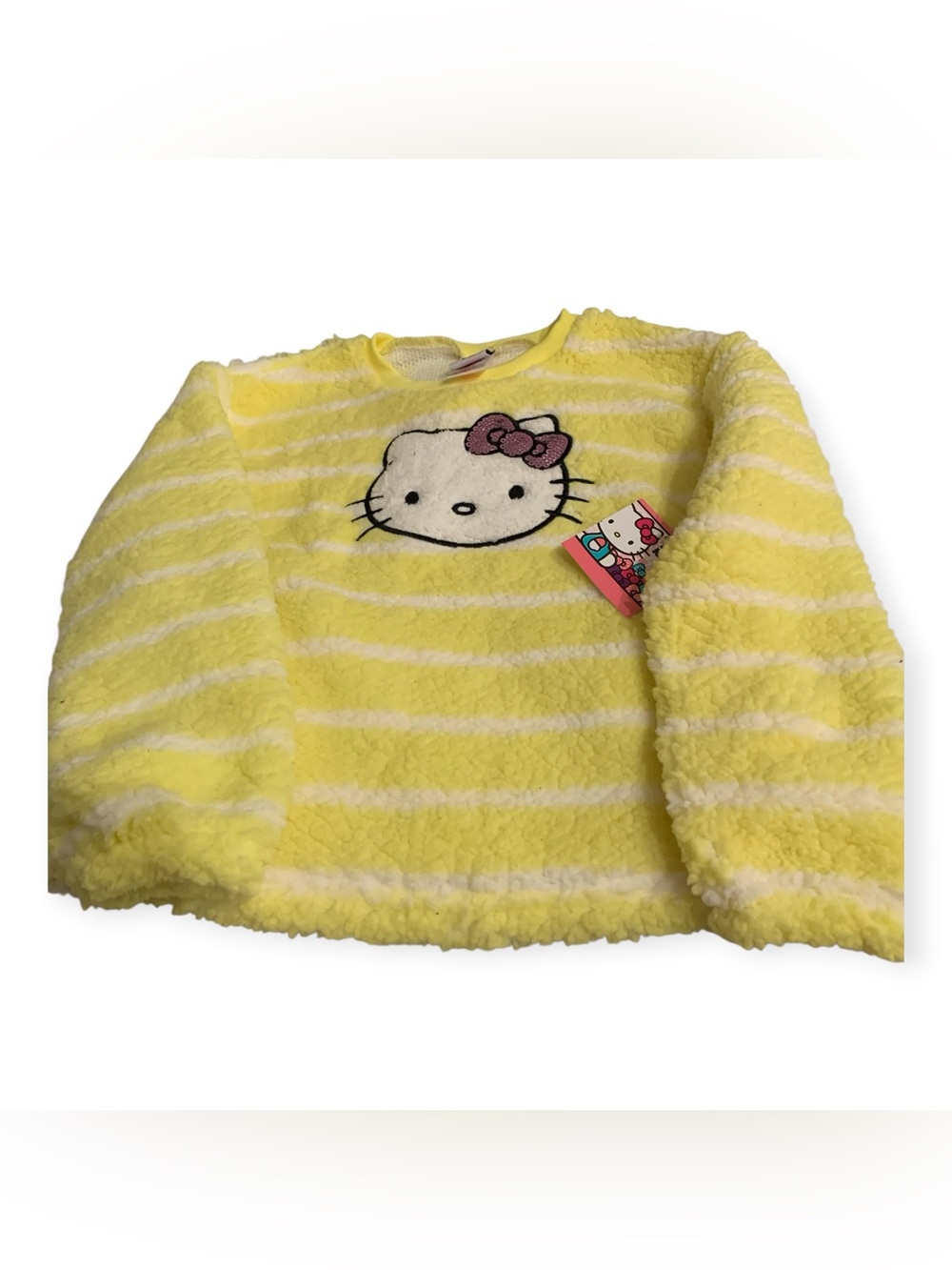 Hello Kitty Yellow and White Striped Plush Kids Sweatshirt with Pink Bow